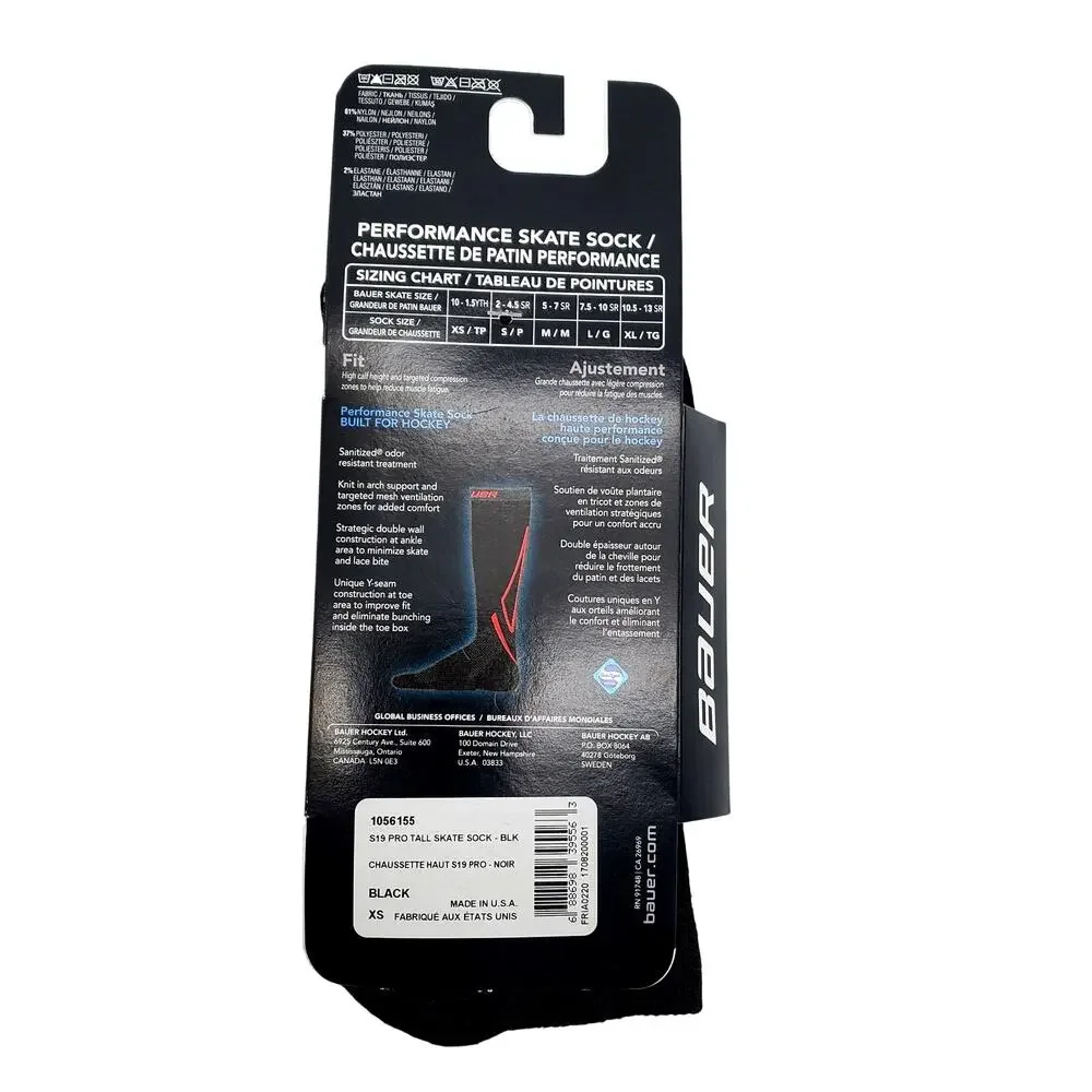 Bauer S19 Pro Performance Tall Skate Socks XS/TP 10-1.5 YOUTH Kids Black XS NIP